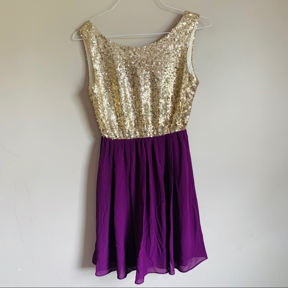 Gold sequin purple Chiffon sleeveless dress Anthro - Picture 1 of 8